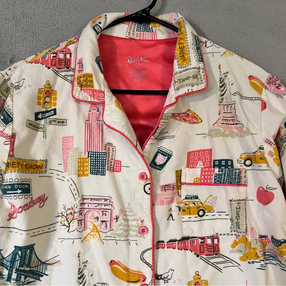 Nick & Nora Womens New York City Scenes Pajama Shirt Cotton Sz L Button Up Top - Picture 3 of 12